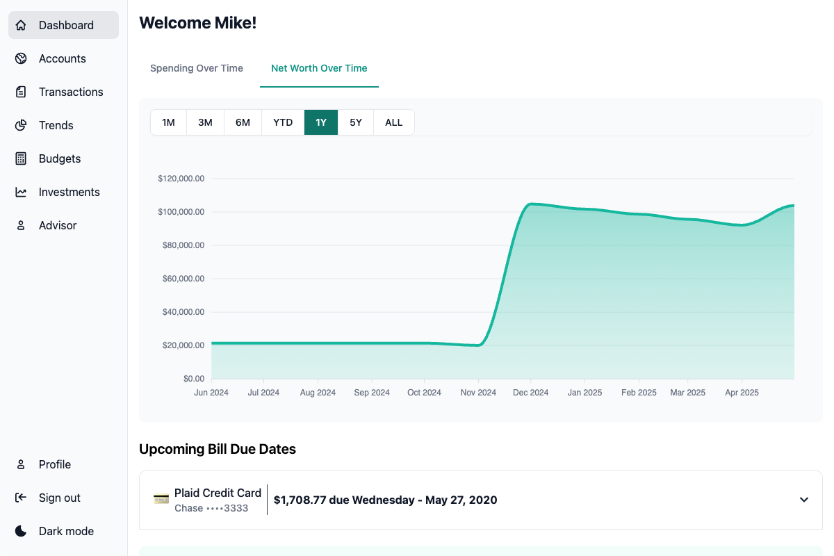 Net worth tracker graph showing assets and liabilities over time