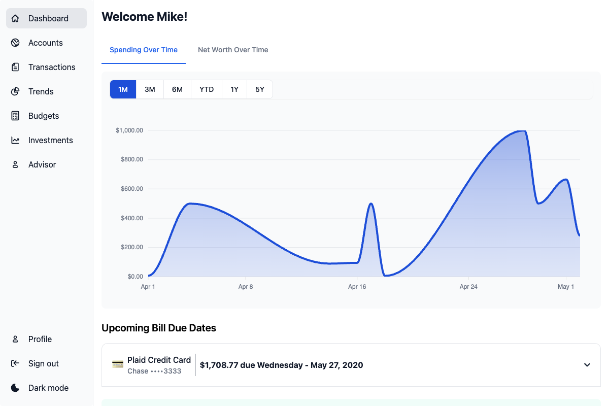Personal finance app showing a list of recent transactions and budget overview
